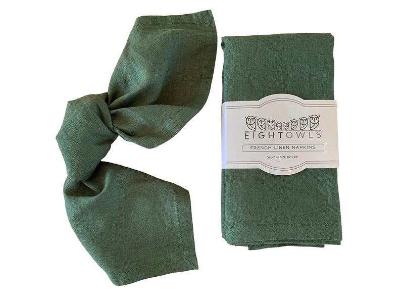 Eight Owls Linen Napkins â€“100% French Flax â€“ Stonewashed Pure Linen Cloth Napkins - Size 18 Inch x 18 Inch â€“ Set of 4 (Soft Rustic Green) - Image 1